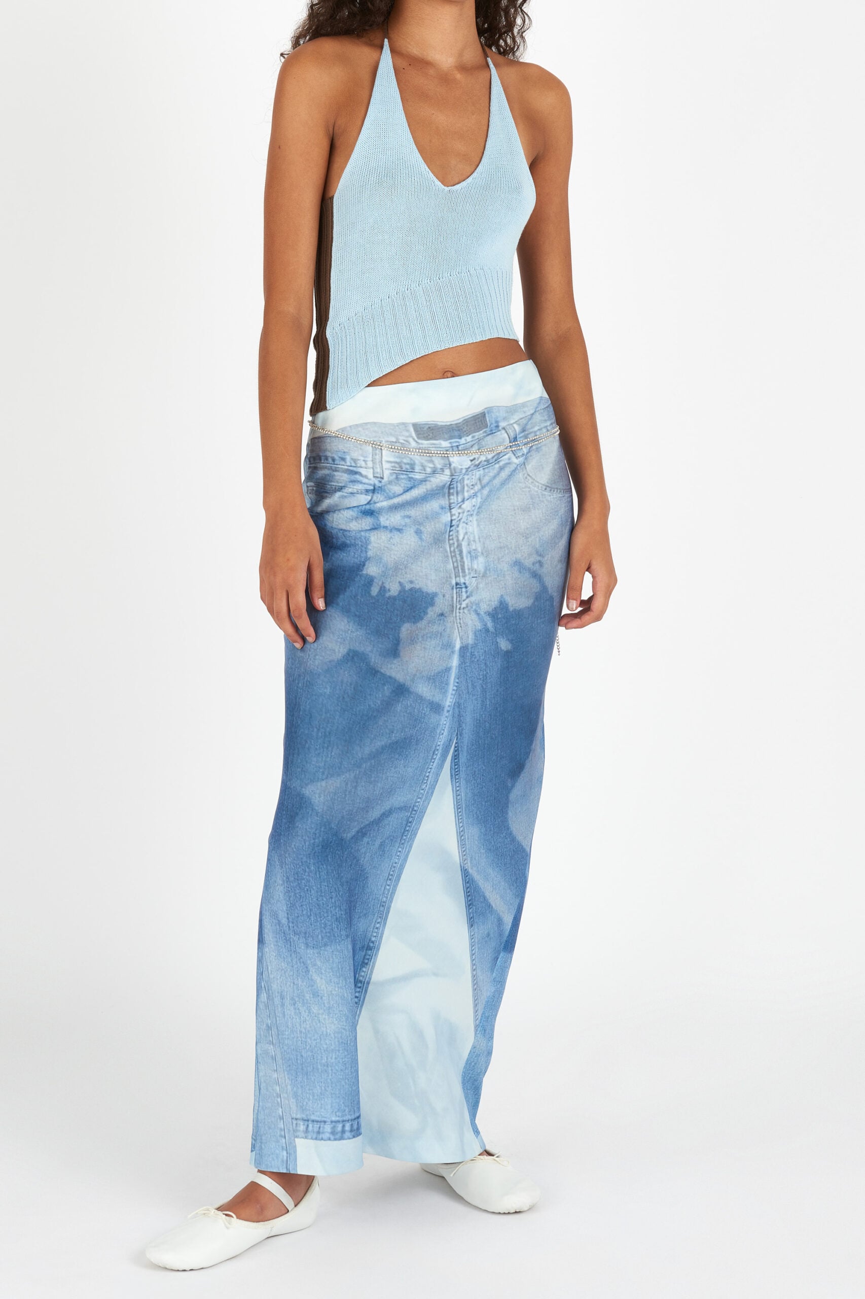 Rib Knit Asymmetric Halter Top Sky & Chocolate ELLISS